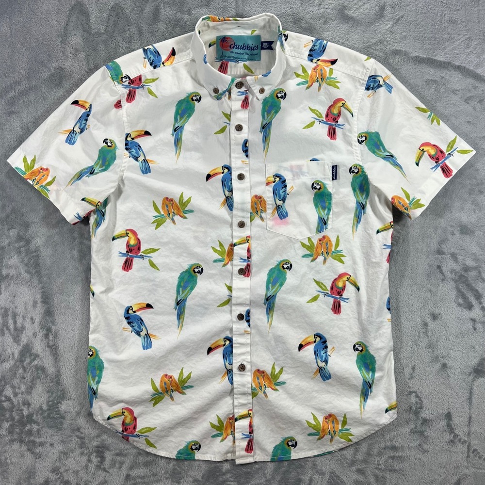 CHUBBIES Button Down Shirt Mens Small White Parrot Toucan Tropical - Picture 2 of 16